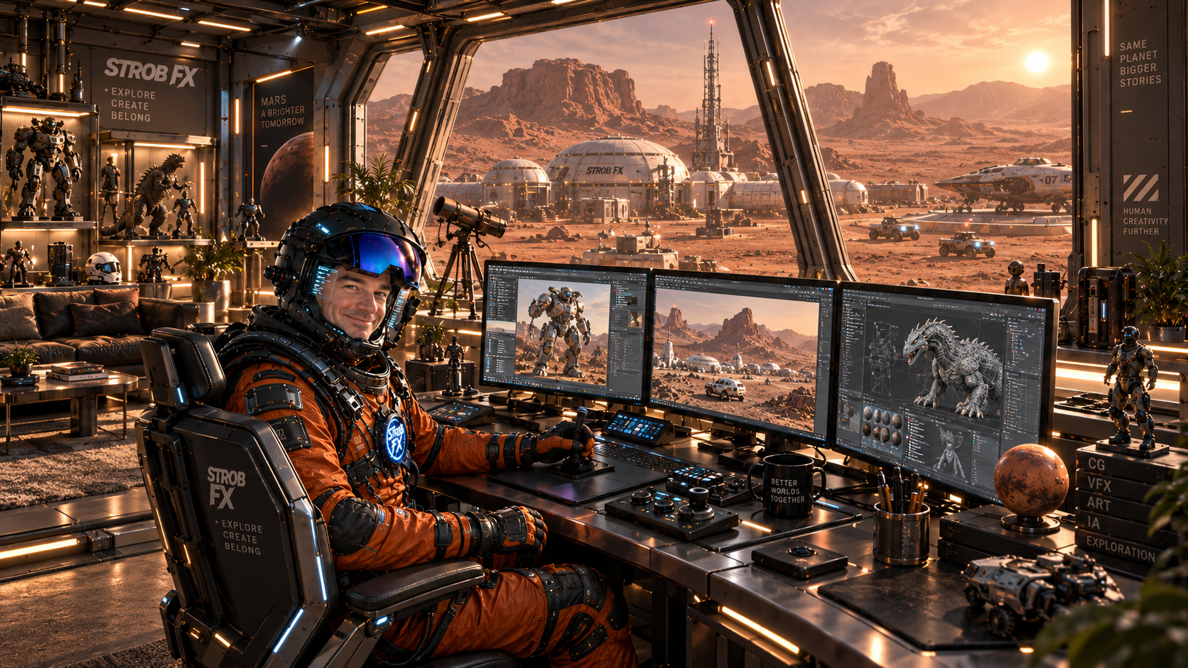 Jocelyn Strob Simard dans son studio imaginaire sur Mars, devant ses écrans de création 3D.