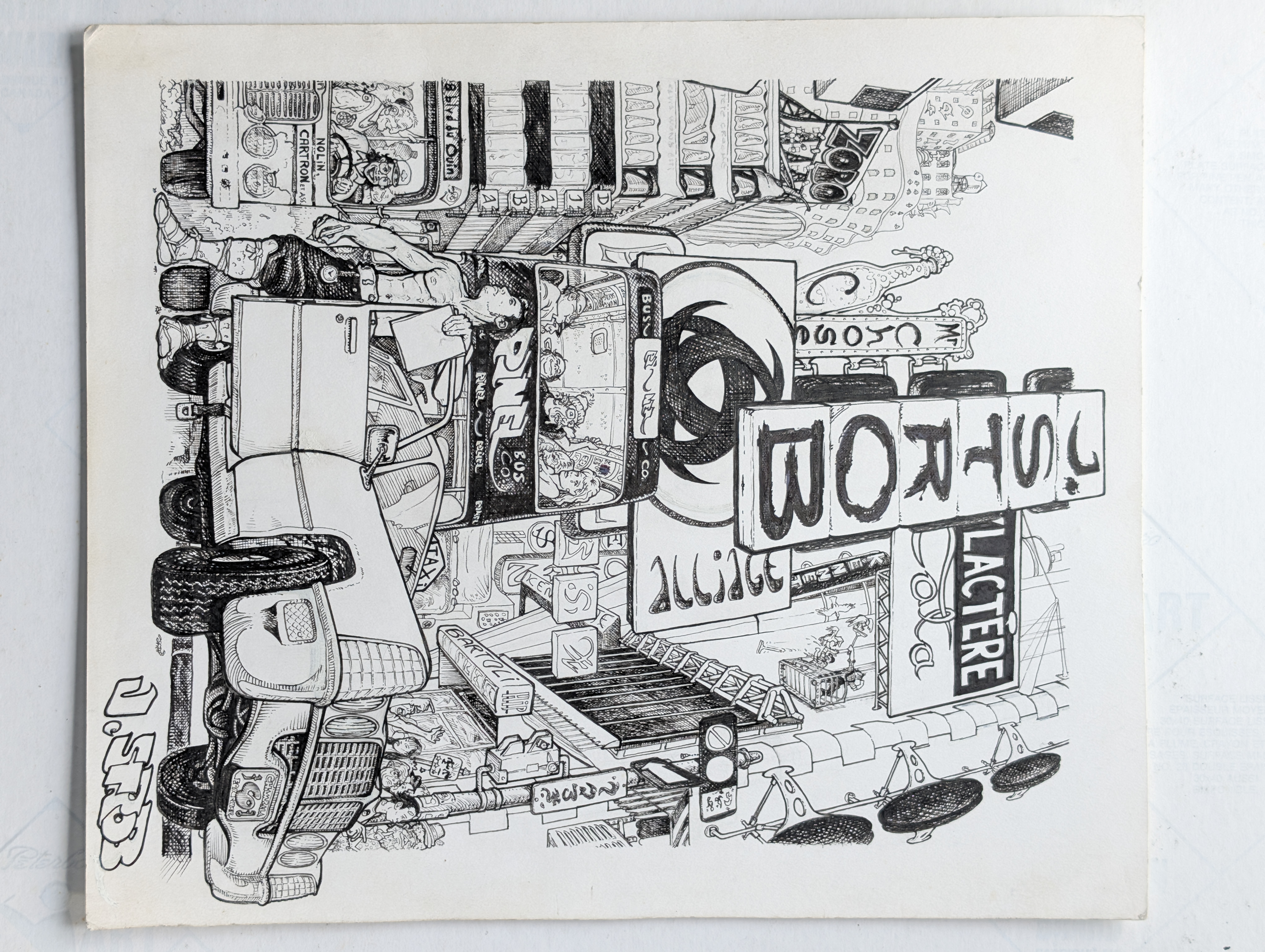 Dessin original de Strob : ville, voitures et enseignes